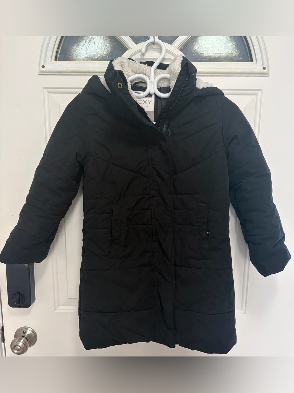 Roxy Kids Black Hooded Puffer Coat with Sherpa Lining